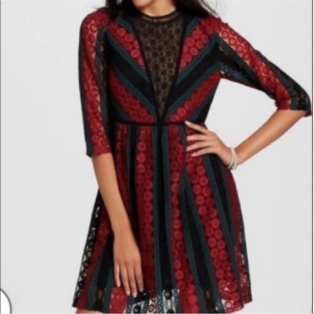 XHILARATION Mystic Red Black Lace long sleeve dress size medium goth grunge